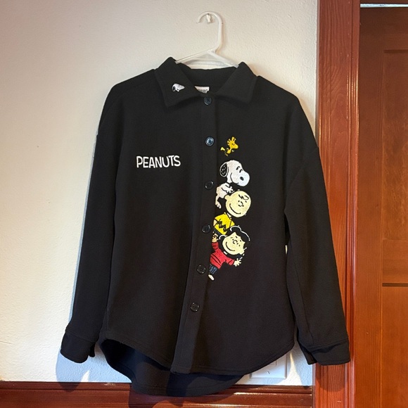 None Sweaters - Peanuts Black Button-Up Jacket with Character Patch